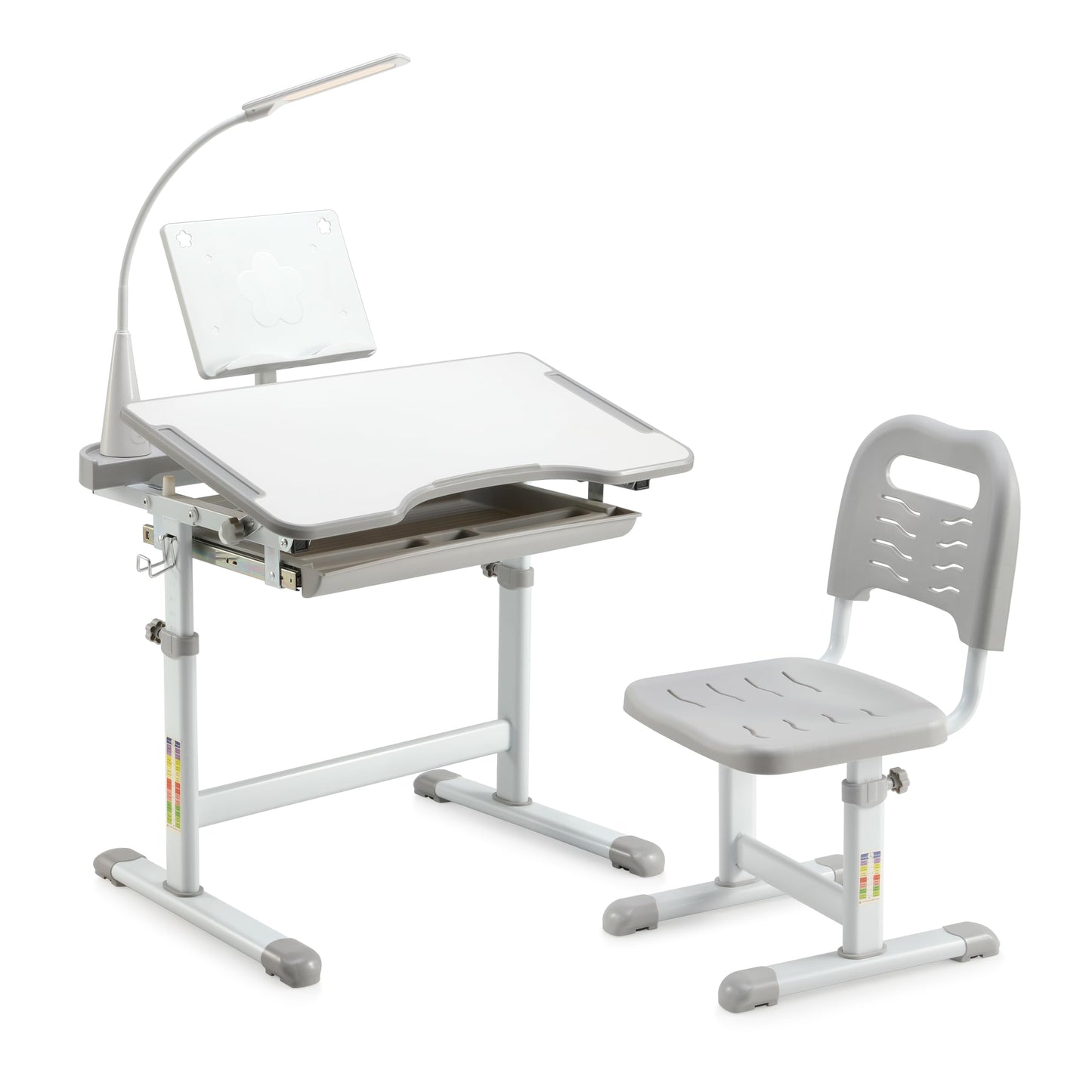 Diroan Kids Functional Desk and Chair Set, Ergonomic Height Adjustable Children School Study Desk with Tilt Desktop, Book Stand, LED Light, Metal Hook and Storage Drawer for Boys Girls(Grey)