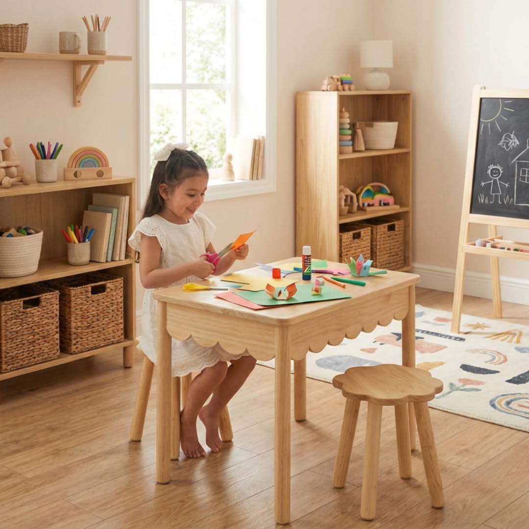 CAALMA Kids Table and Chair Set (Ages 3–7), Solid Wood with Lift-Top Hidden Storage - Montessori Table and Chair Set with Scalloped Design, Easy-Clean Surface & Gold Hardware