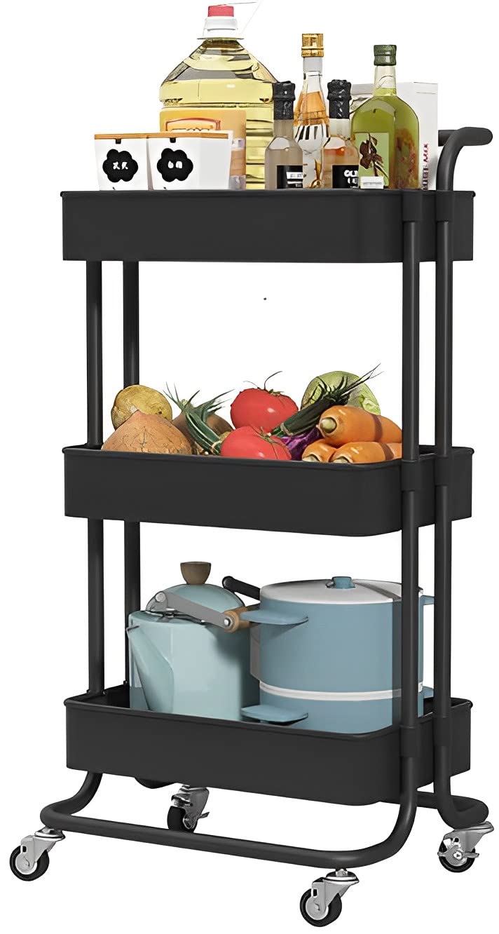 Sooyee 3 Tier Utility Cart,Rolling Cart with Handle and Lockable Wheels, Multi-Functional Storage Cart for Office, School,Living Room, Kitchen, Bathroom, Bedroom,Laundry,Black