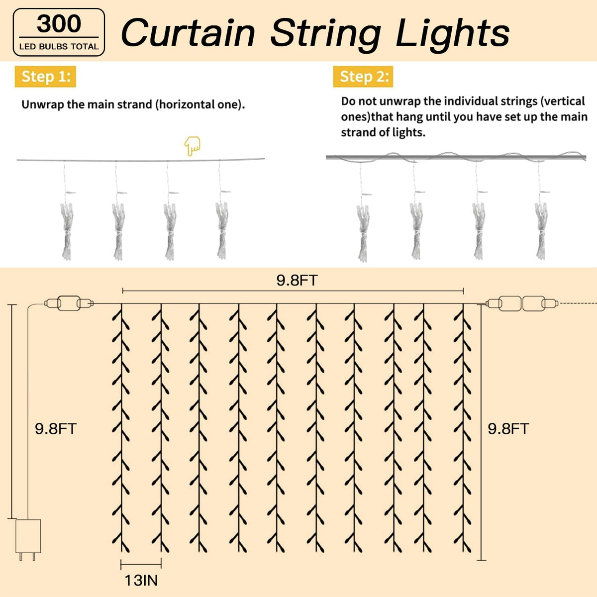 Soagrc 300 LED Warm White Curtain String Lights 9.8x9.8FT, Plug in Fairy Lights with 9 Hooks, Dimmable, Timer & 8 Modes, IP44 Waterproof, Bedroom Wall Wedding Backdrop Christmas Indoor Outdoor Decor