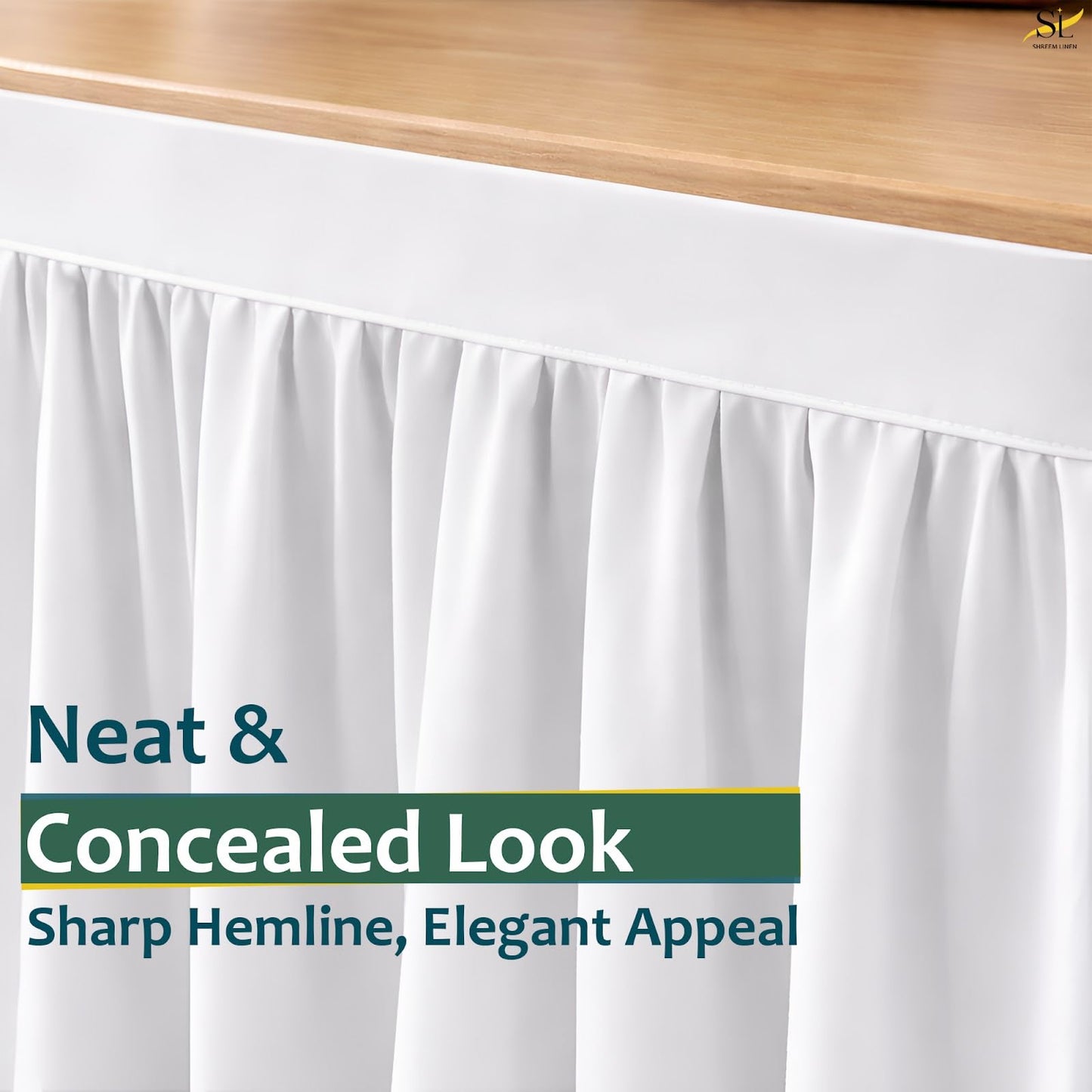 Shreem Linen Dorm Desk Skirt, Ruffled Gathered Table Cover, Custom-Fit, No Platform, Split Corners, Under Desk Storage Cover for Dorm & Home Office, White Desk Skirt (D24 x W30 Skirt H30 Inches)