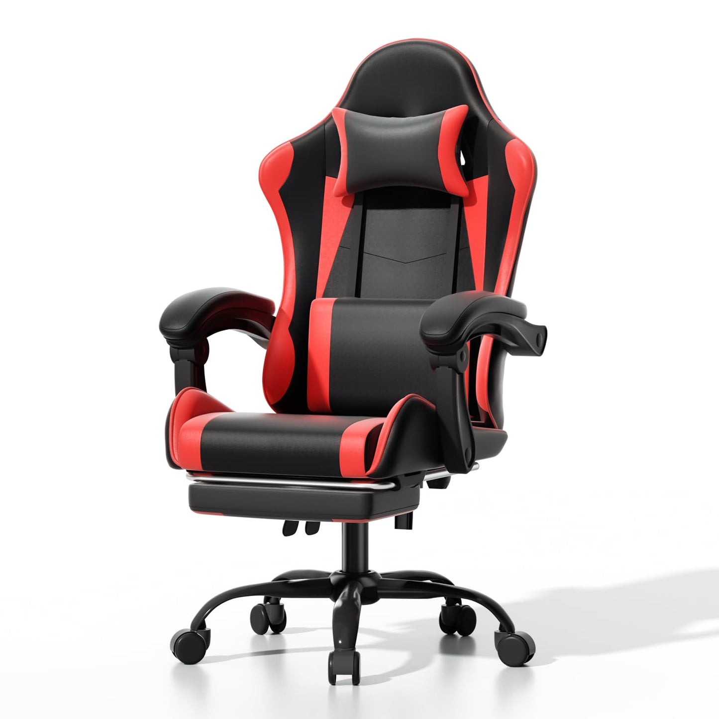 Athena Collection Ergonomic Gaming Chair with Footrest & Headrest Lumbar Support, Height Adjustable Swivel Office Chair Reclining Game Chair Leather High Back Computer Chair for Adults, Red