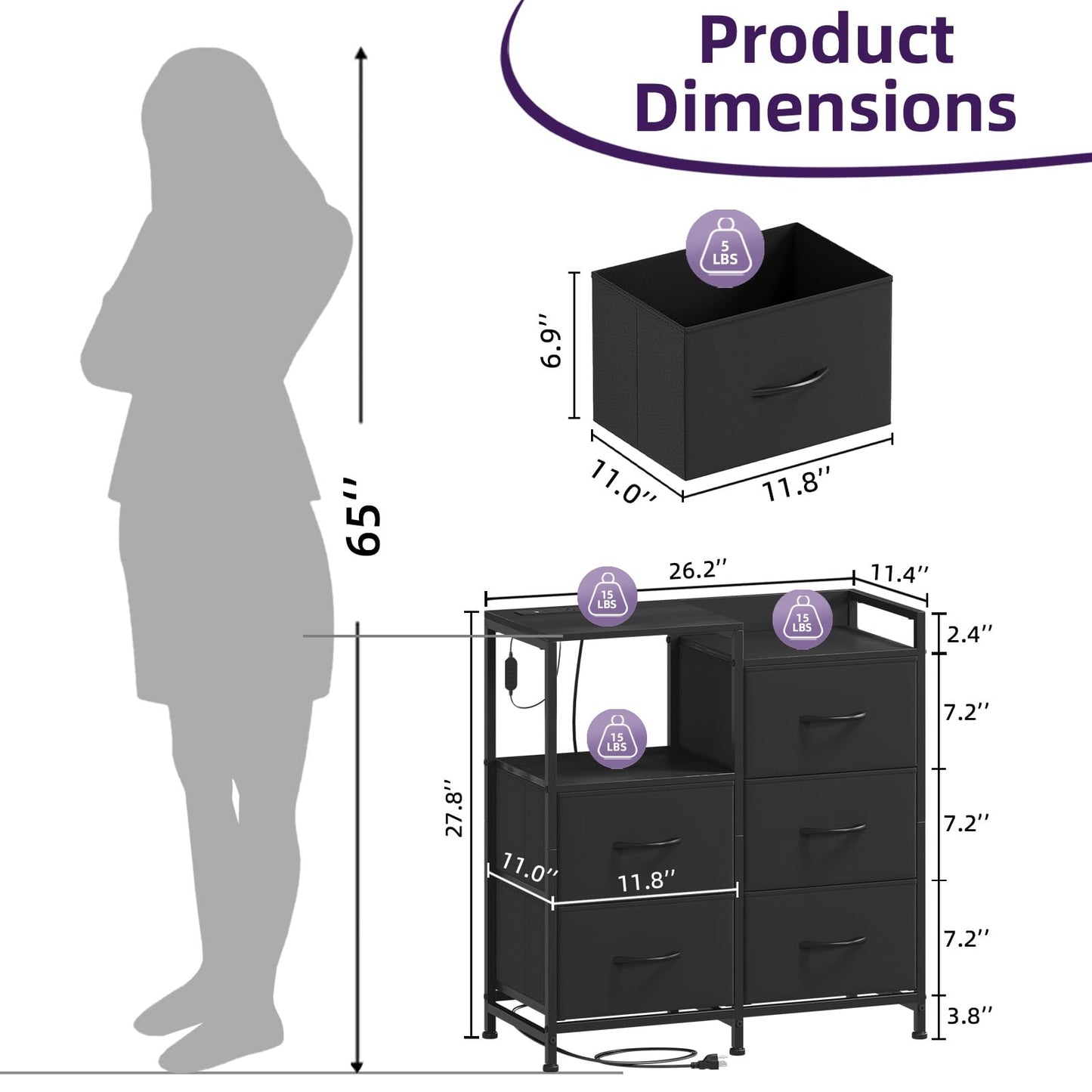 Somdot Black Nightstand with Charging Station and LED Light, Wide 5 Drawers Dresser for Bedroom with Fabric Bins and Open Shelf for Bedroom Kids Closet Dorm Guest Room, Black