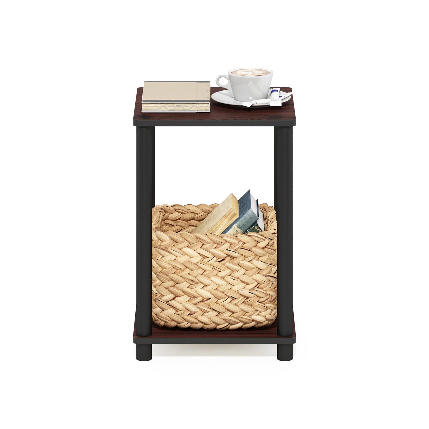 Furinno Turn-N-Tube Toolless Assembly Side Table, 2-Tier Brown End Table with Open Shelf, Night Stand, Bedside Table, for Living Room, Bedroom, Cherry Oak