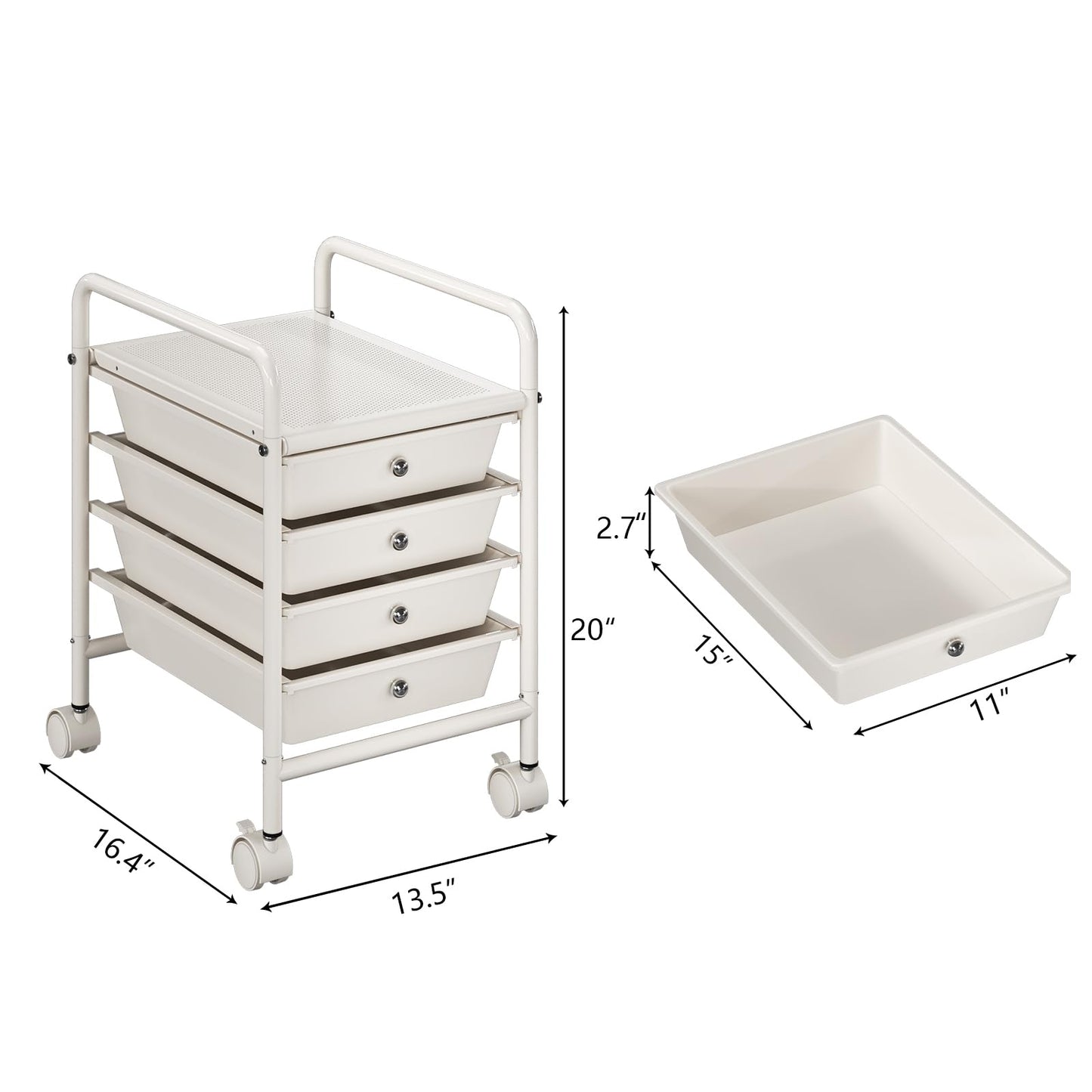 Shrivee 4-Tier Utility Cart with 4 Drawers, Rolling Utility Cart with 2 Lockable Caster Wheels, Multipurpose Mobile Rolling Drawer Cart for Office Bathroom Kitchen, Ivory White