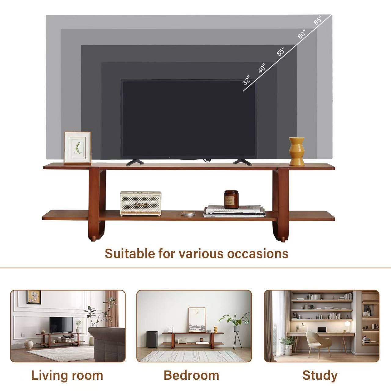 Welnow Low Bamboo TV Stand for Up to 65 Inch, Small Mid Century Modern Entertainment Center with 2-Tier Open Shelves, Walnut Media Console Table for Living Room, Bedroom