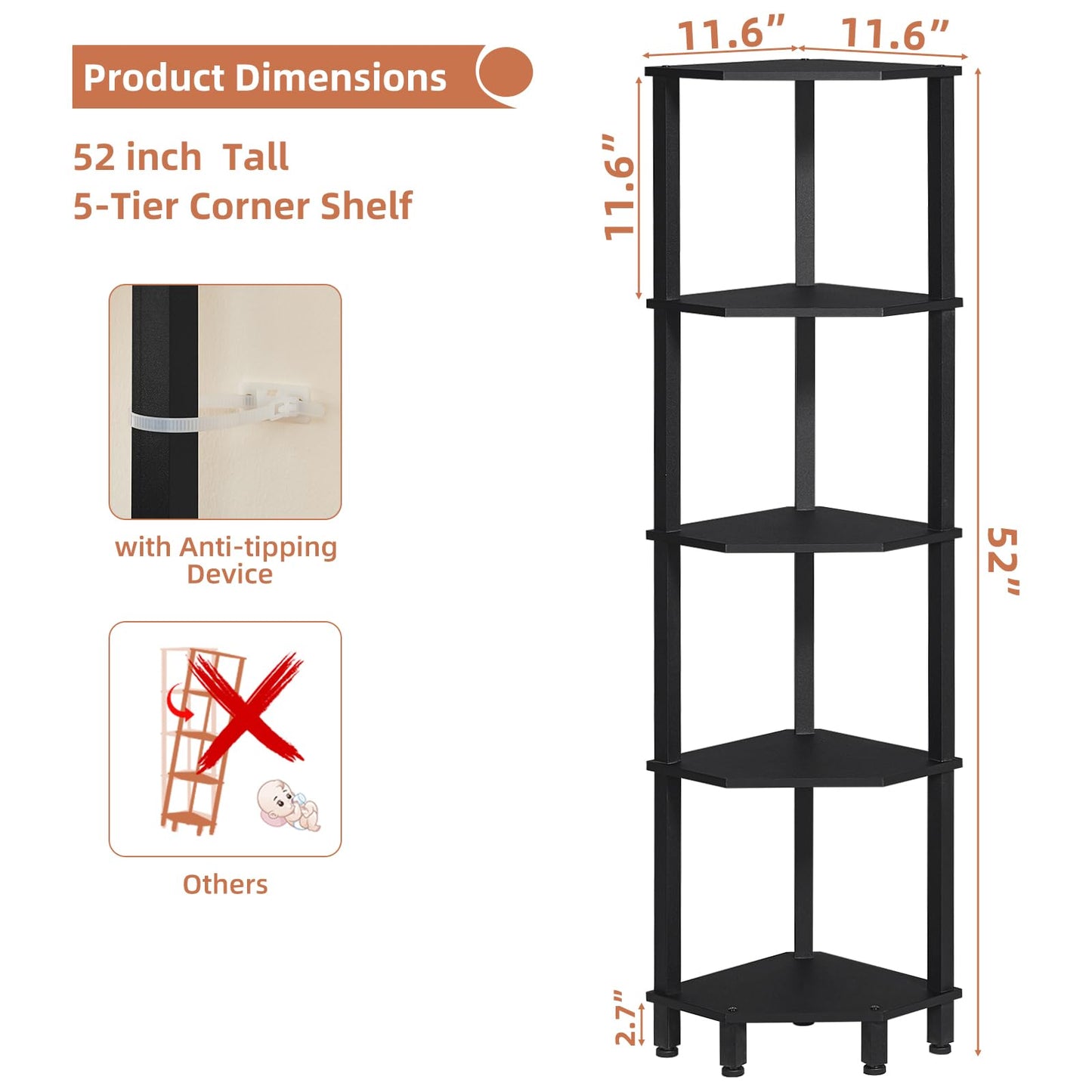 YUFAM 5-Tier Corner Shelf with Sturdy 5-Leg Base, Wooden Corner Bookshelf for Small Spaces, Corner Standing Shelf for Living Room, Bedroom, Office, Black