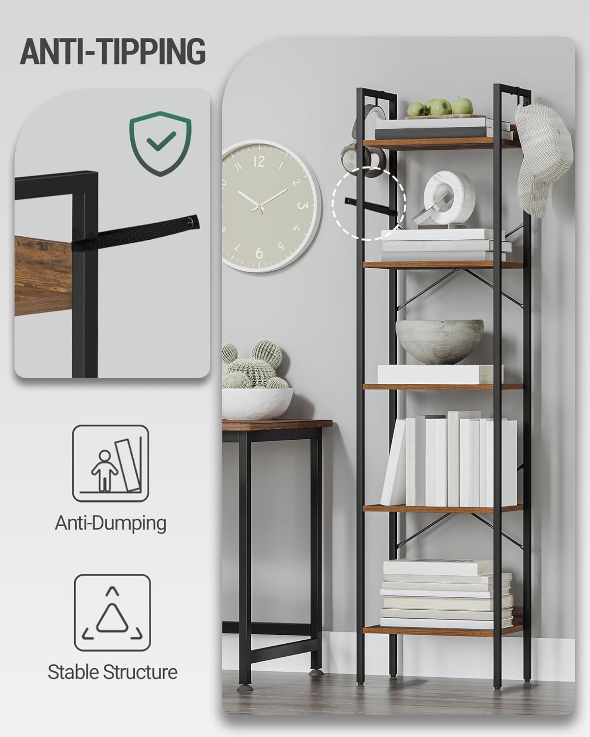 Hzuaneri Bookshelf, Book Shelf, Industrial Bookcase with 2 Hooks, Coner Shelf Storage Organizer for Home Office, Living Room, Bedroom, Kitchen, 5-Tier Rustic Brown BC10501B