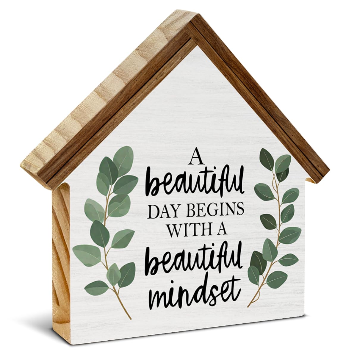 Motivational Positive Quotes Decor, Minimalist Eucalyptus House Shaped Wooden Block Sign, Inspirational Office Home Decor for Desk Table Shelf