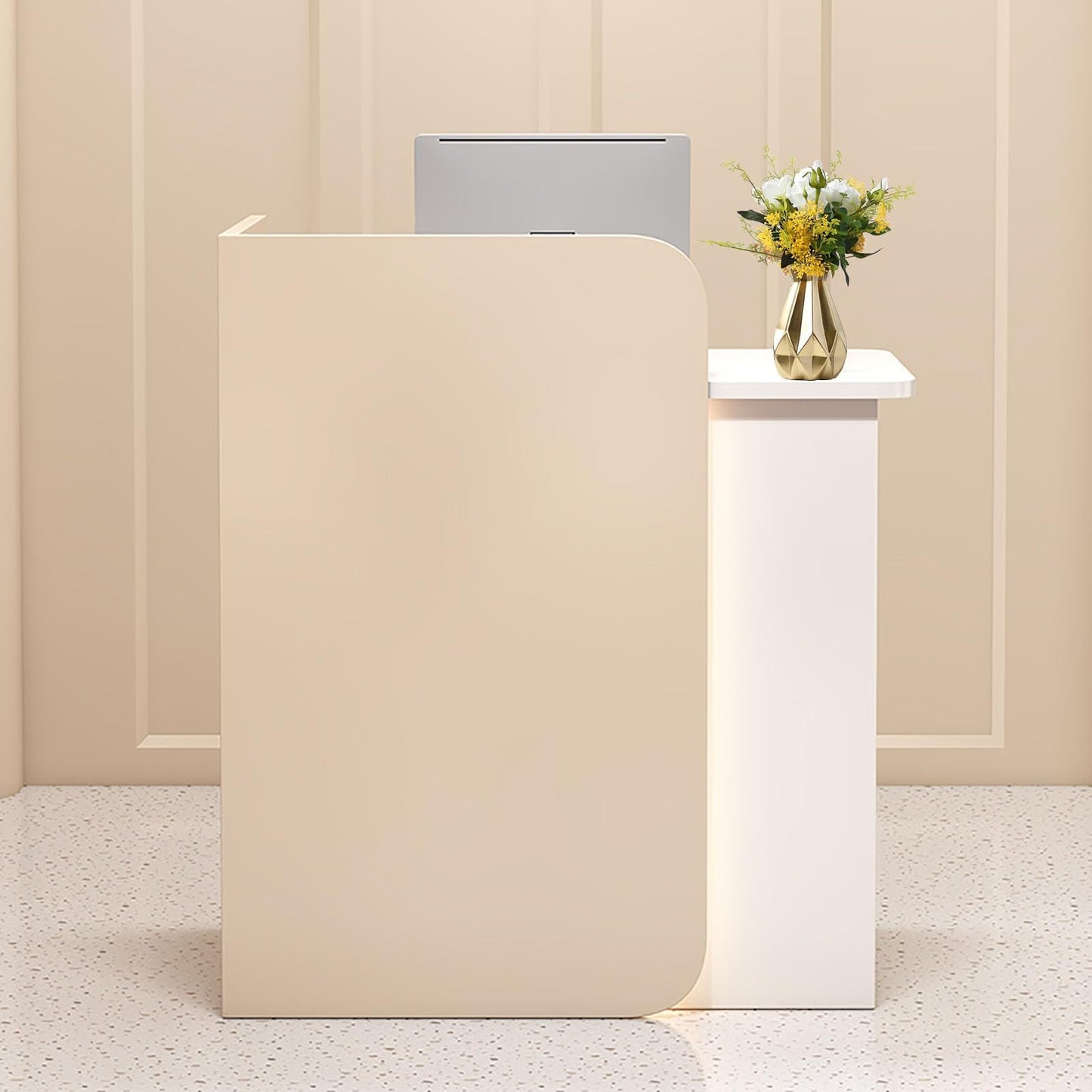 Modern Reception Desk with Lockable Drawers & Storage Cupboard, Modern Reception Desk with LED Lighting & Storage Drawers – Sleek Checkout Counter for Retail, Home Office, Salon, Spa & Lobby