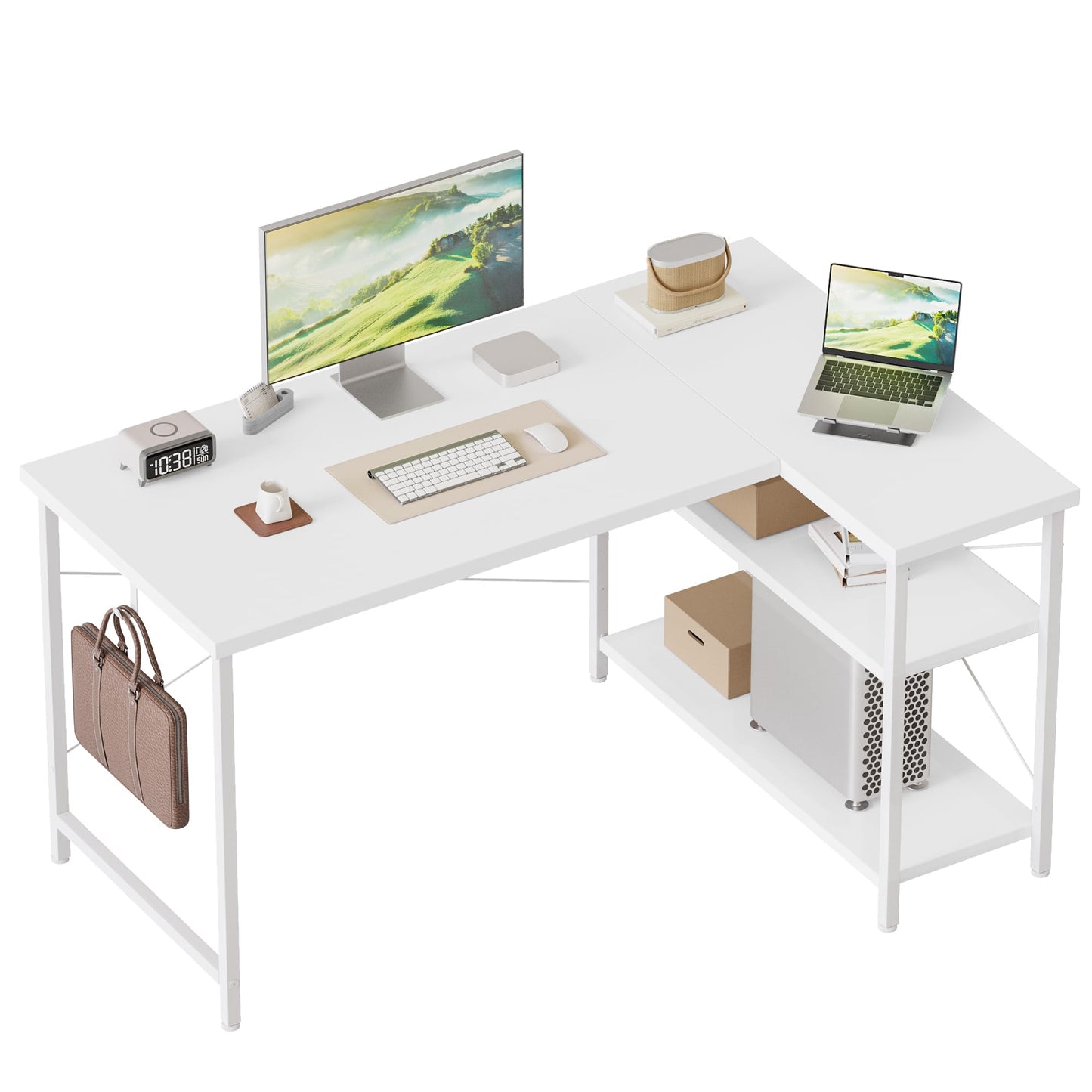 Mericonia Small L Shaped Computer Desk, Reversible Gaming Desk with Storage Shelves, Corner Gamer Desk Table, Study Writing Table