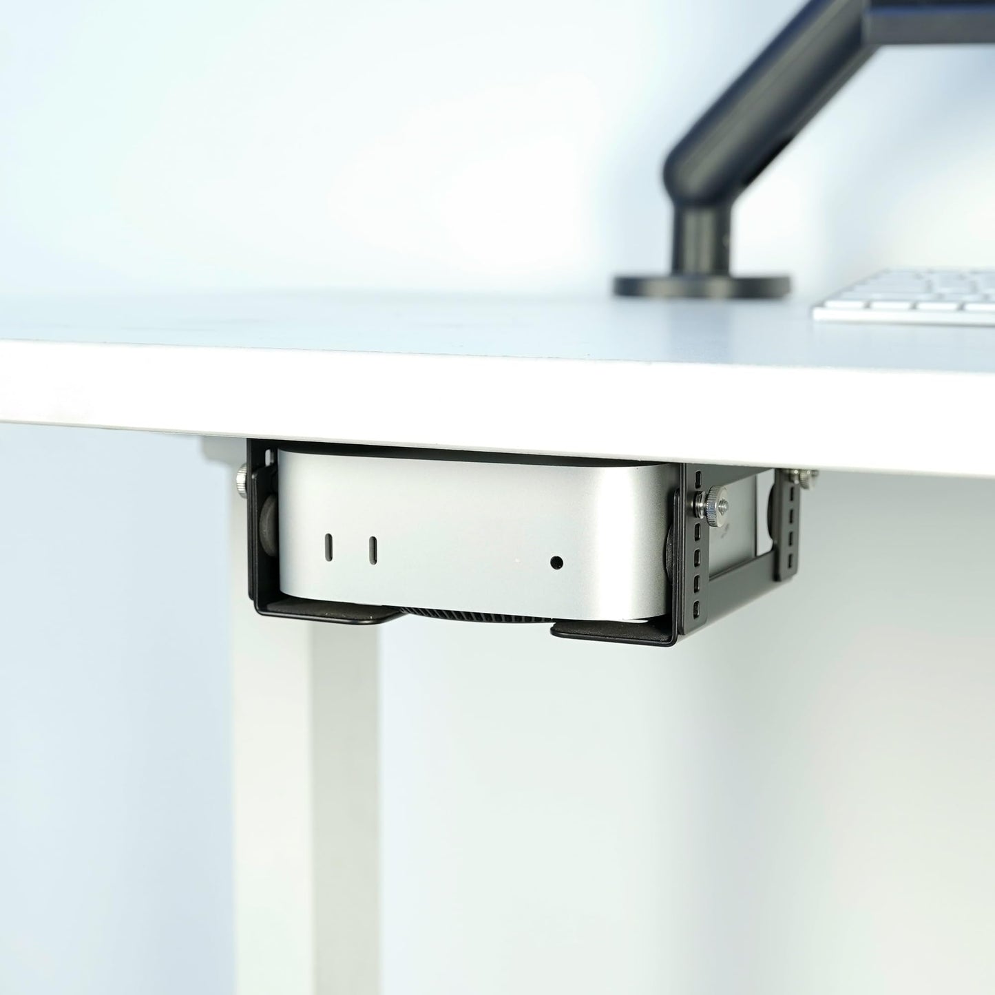 Under Desk Mini PC Mount Bracket – 5-Level Height Adjustable (1.8" to 3.3"), Width-Adjustable Metal CPU Holder for Mac mini M4/Small PCs ,Includes Screws & Positioning Template for Easy Installation