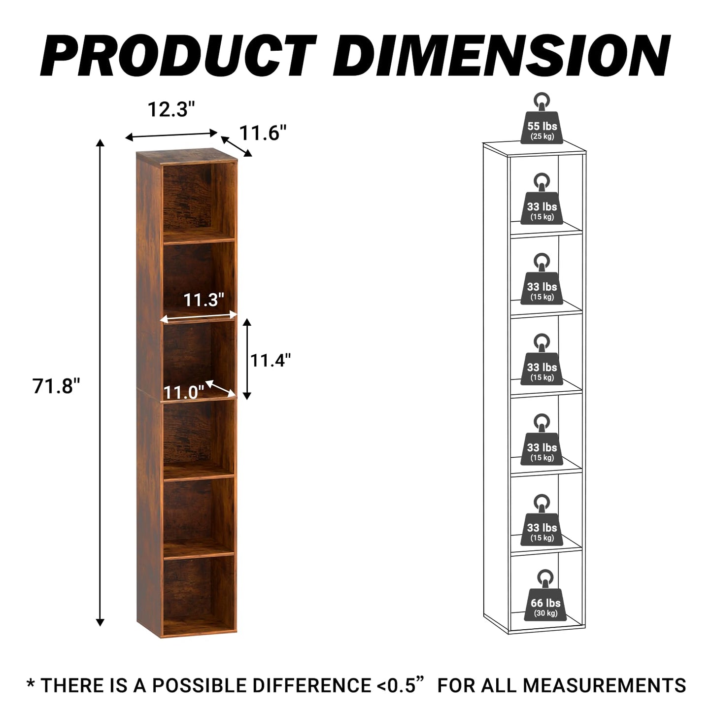 NewBeth Cube Storage Organizer, 6 Cube Retro Bookshelf, Freestanding 6 Tier Open Shelf, Rustic Brown Retro Shelves for Home Office, Bedroom, Living Room, Study