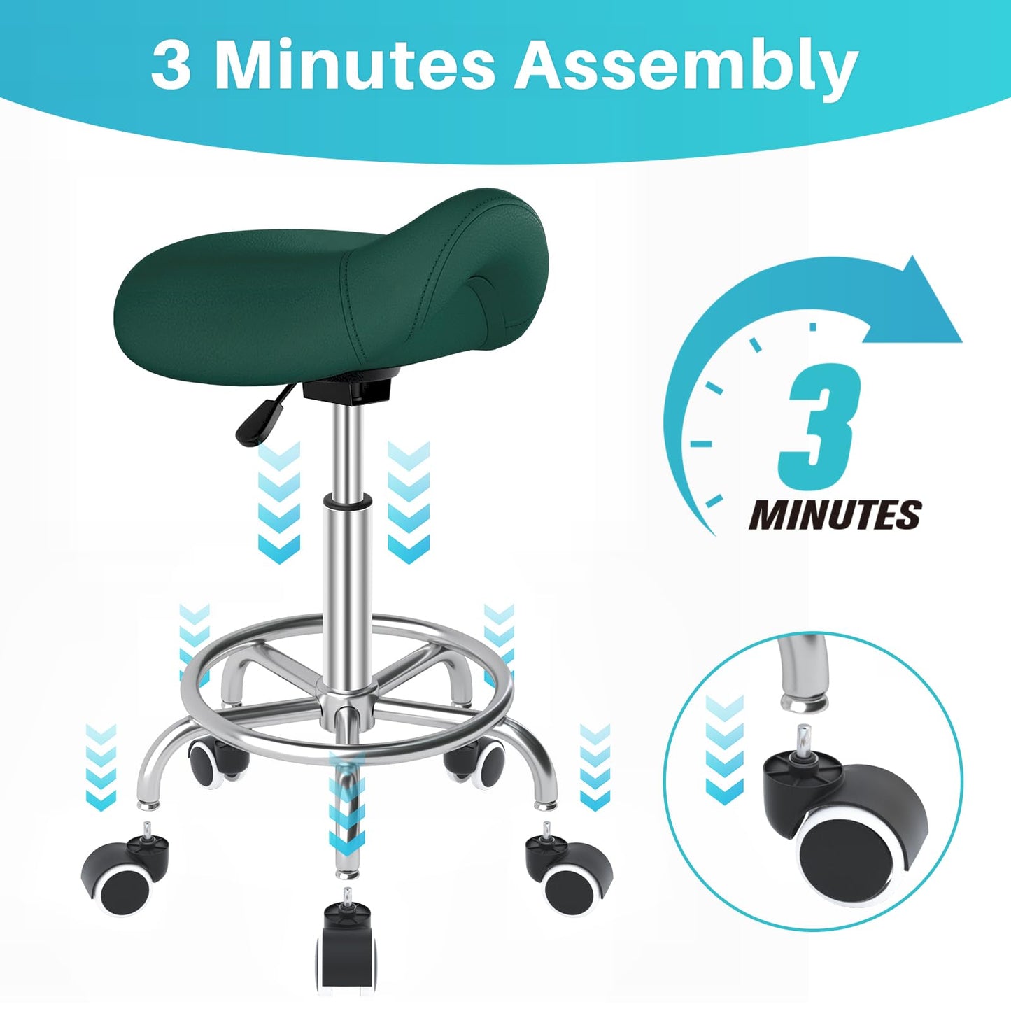 YEEZEE Saddle Stool Ergonomic- Comfortable Rolling Saddle Stool with Wide Thick Saddle Seat Padding, Swivel Adjustable Saddle Chair with Wheels and Ring Pedal for Medical Massage Salon (Green)
