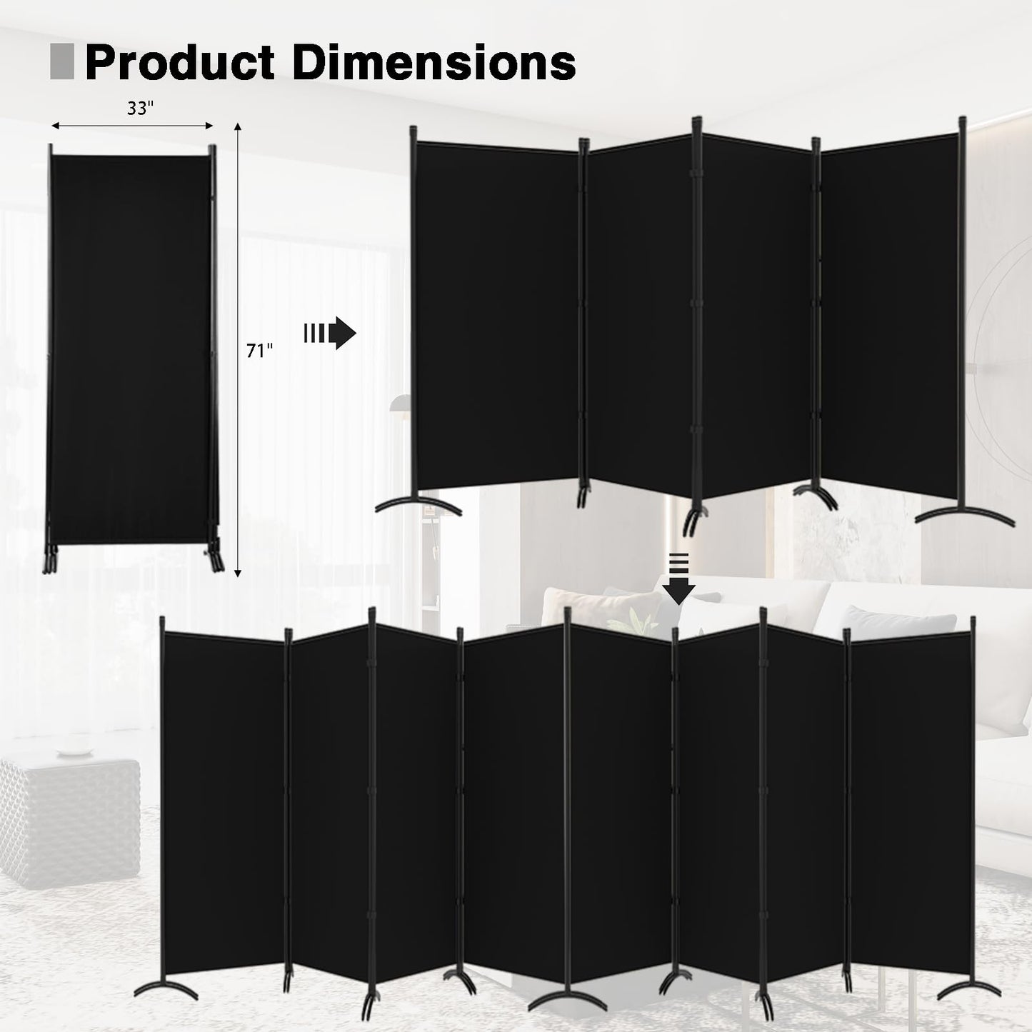 Room Divider-Folding Privacy Screens, 6 ft Partition Room Dividers Wall for Separation, Home, Office, Classroom, Studio (Black, 8 Panel)
