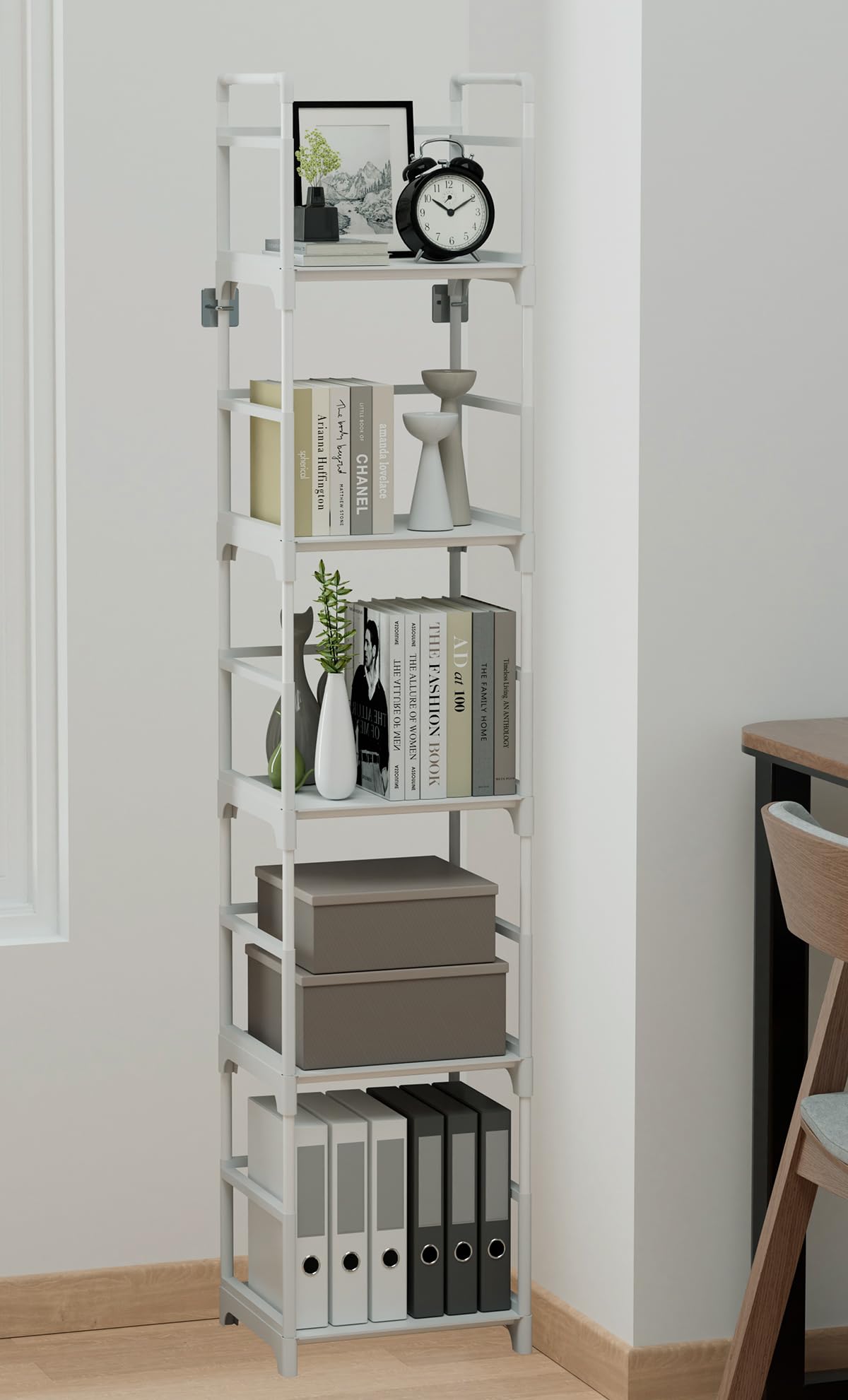 FIDUCIAL HOME 5 Tiers Narrow Bookshelf White Skinny Book Shelf Slim Thin Open Bookcase Small Spaces for Space Saving Easy Assemble