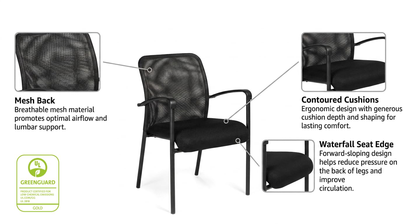 Heavy Duty Mesh Back Guest Chair, Breathable Mesh Seat, Waterfall Edge, Molded Arms, Black Four Leg Frame, GREENGUARD Certified Office Chair