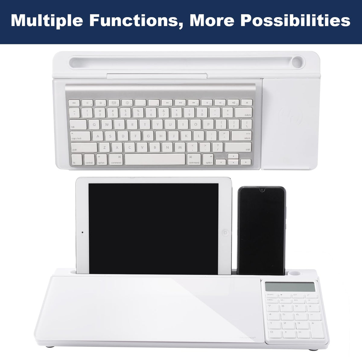 Small Glass Desktop Whiteboard Dry-Erase-Board - Computer Keyboard Stand with Calculator White Board Surface Pad with Drawer, Desk Organizers with Accessories for Office, Home, School Supplies - White