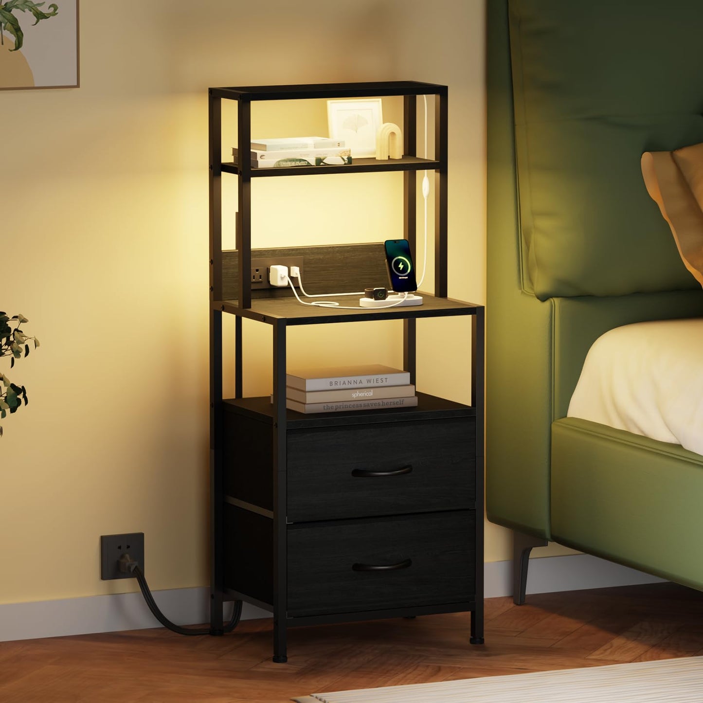 Furnulem Night Stand, Tall Nightstand with 4-Tier Shelves, 2 Fabric Drawers and Led Lights, Bed Side Tables with Charging Station, Bedside Table for Bedroom, Office, Black Oak