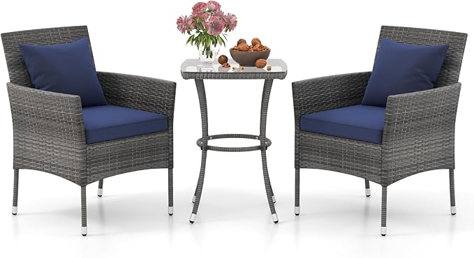 Tangkula 3-Piece Patio Furniture Set, PE Wicker Conversation Bistro Set w/A