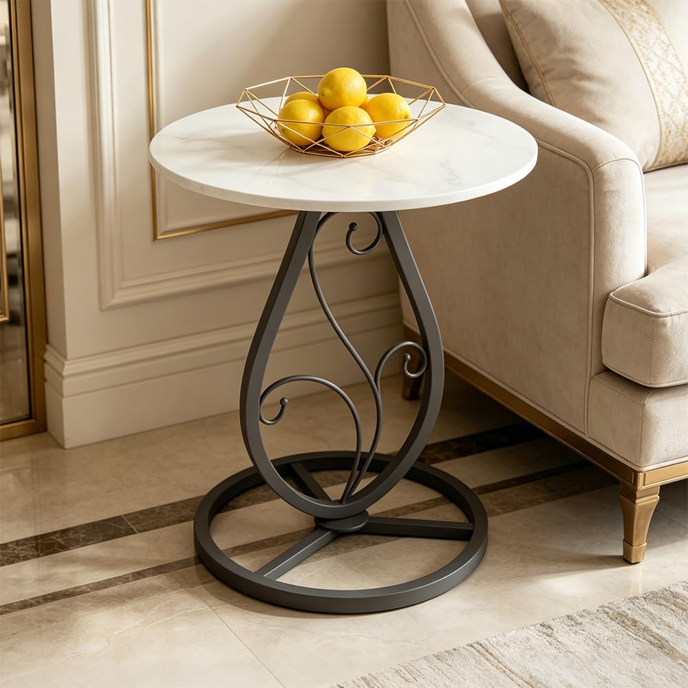 Round End Table Living Room, BOHO Small Side Table with Luxury Marble Top & Black Metal Base, Modern Coffee Accent Table, Bedside Nightstand for Bedroom, Sofa End Table for Couch Outdoor Patio (Black)