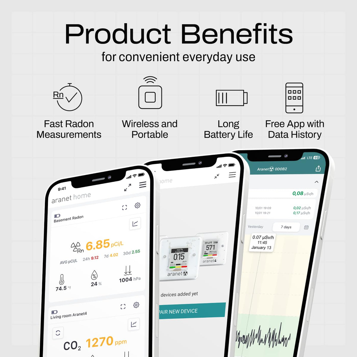 Aranet Radon One – Fast Home Radon Detector with 10-Minute Response, E-Ink Display, Battery Powered, Portable Real-Time Radon Monitor for Basements & Indoor Air Monitoring (Green)