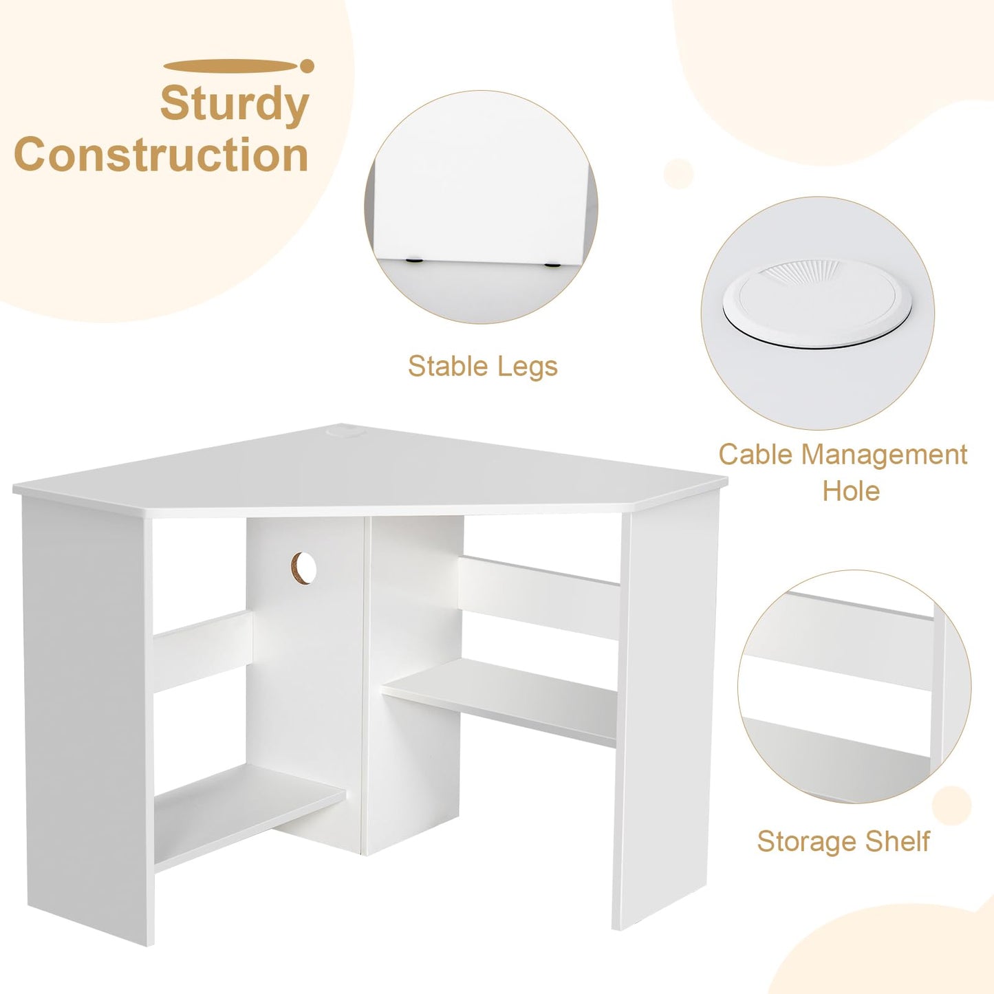 Tangkula White Corner Desk - 90 Degrees Triangle for Computer, Small Space, Bedroom, Makeup Vanity Desk with Storage Shelves & CPU Stand, Space Saving Writing Desk