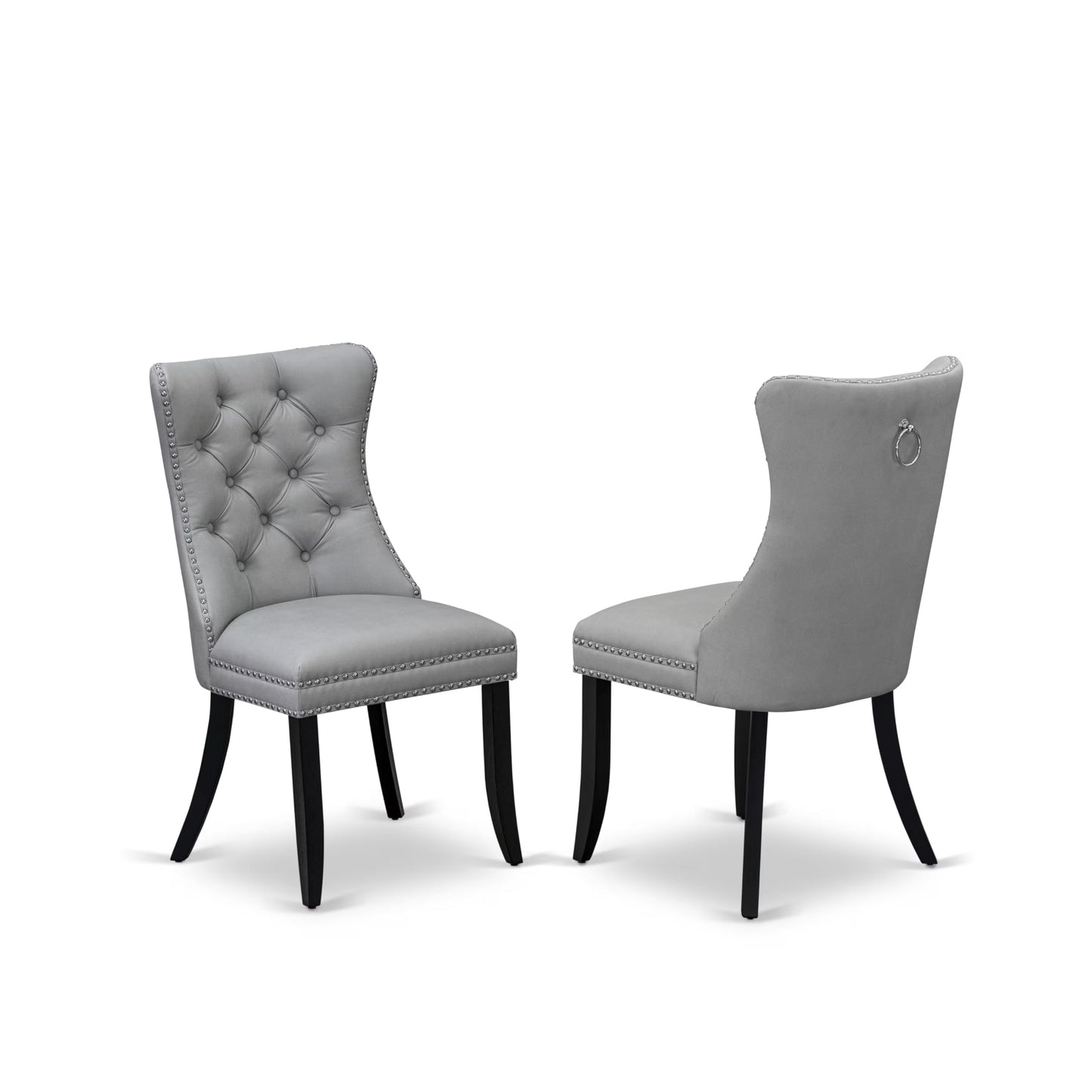 East West Furniture DAP6F27 Dallas Parson Dining Room Chairs - Button Tufted Nailhead Light Gray Polyester Fabric Padded Chairs, Set of 2, Wirebrushed Black