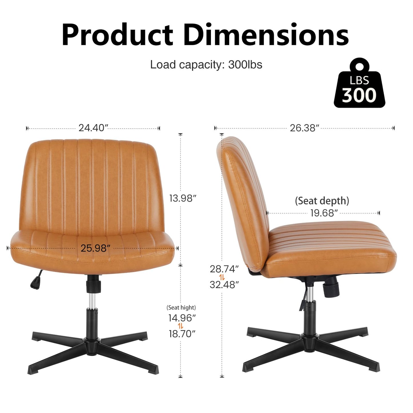 Sweetcrispy Criss Cross Chair Legged, Armless Office Swivel Desk Chair No Wheels, Vanity Height Adjustable Wide Seat Faux Leather Computer Task Seating for Home Bedroom