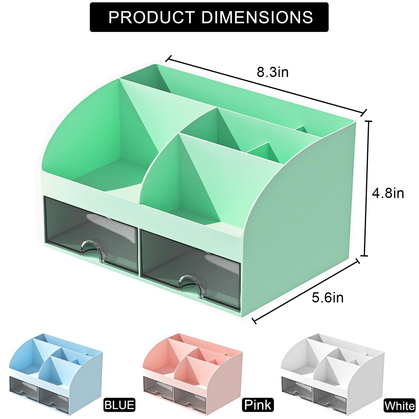COMFYROOM Desk Organizer with 6 Compartments and 2 Drawers, Plastic Makeup Organizer, Pen Holder for Desktop Storage, Desk Organization for School, Home, Office Supplies (Mint Green)