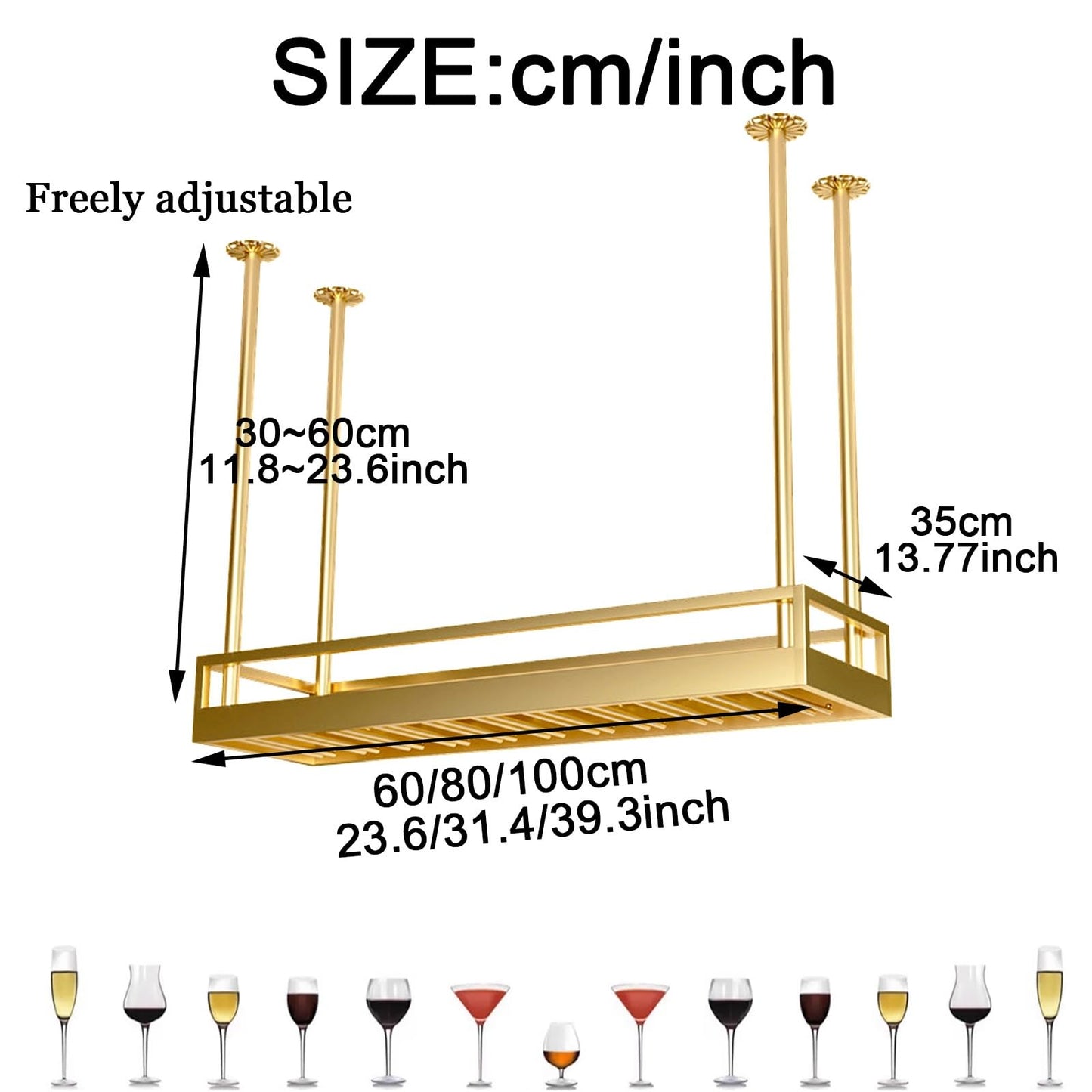 MISTRARA Ceiling Wine Rack, Adjustable Height Gold Multi Functional Hanging Wine Glass Rack, Large Capacity Wine Rack, for Bar, Kitchen, Cafe Wine Bottle Storage (Size : 60 * 35cm)