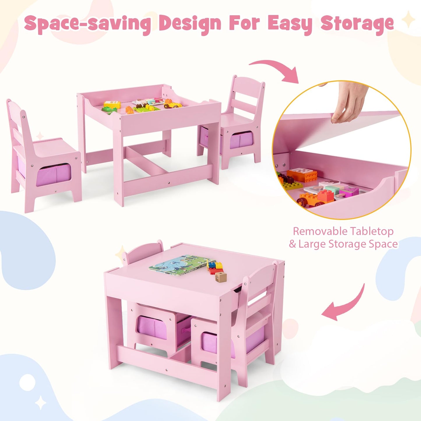 Costzon Kids Table and Chair Set, 3 in 1 Wooden Activity Table for Toddlers Arts, Crafts, Drawing, Reading, Playroom, Toddler Table and Chair Set w/ 2 in 1 Tabletop, Storage Space, Gift for Boy & Girl