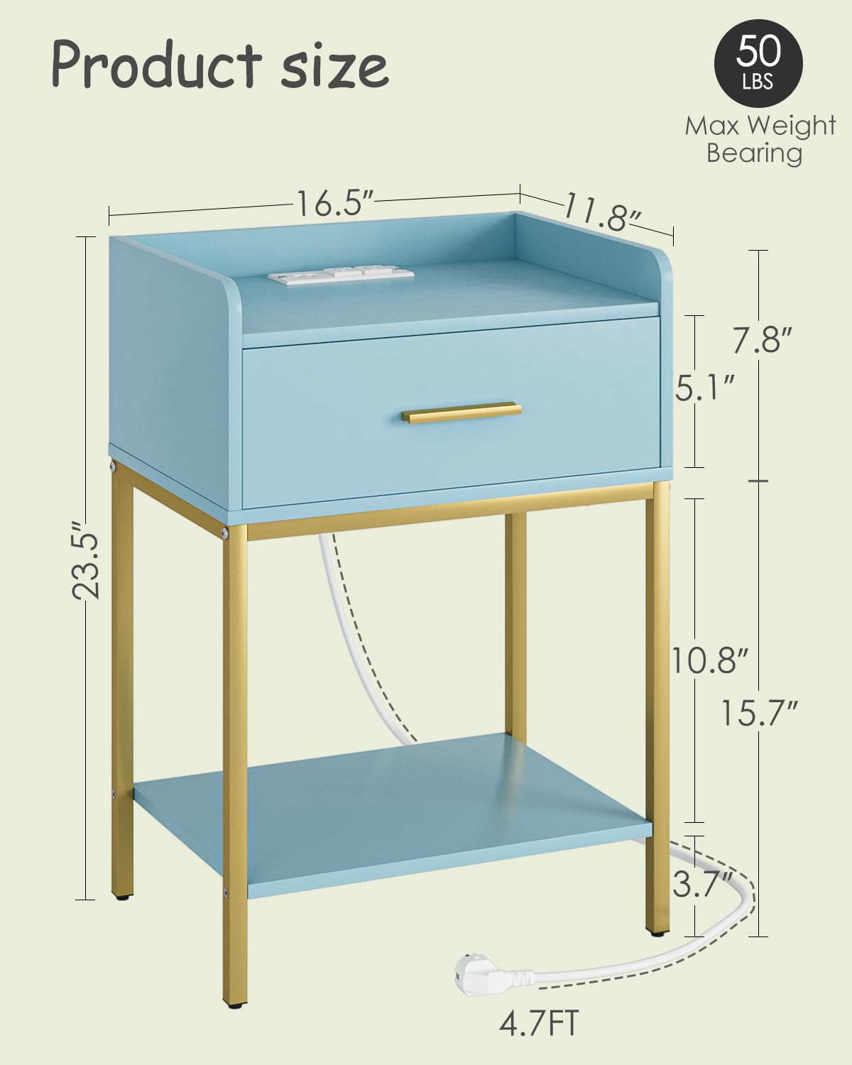 Apetaccat Nightstand with Charging Station,3-Tier Modern Bedside Table Night Stand with Storage Drawer and Open Shelf,Small End Side Table for Bedroom,Living Room,Blue