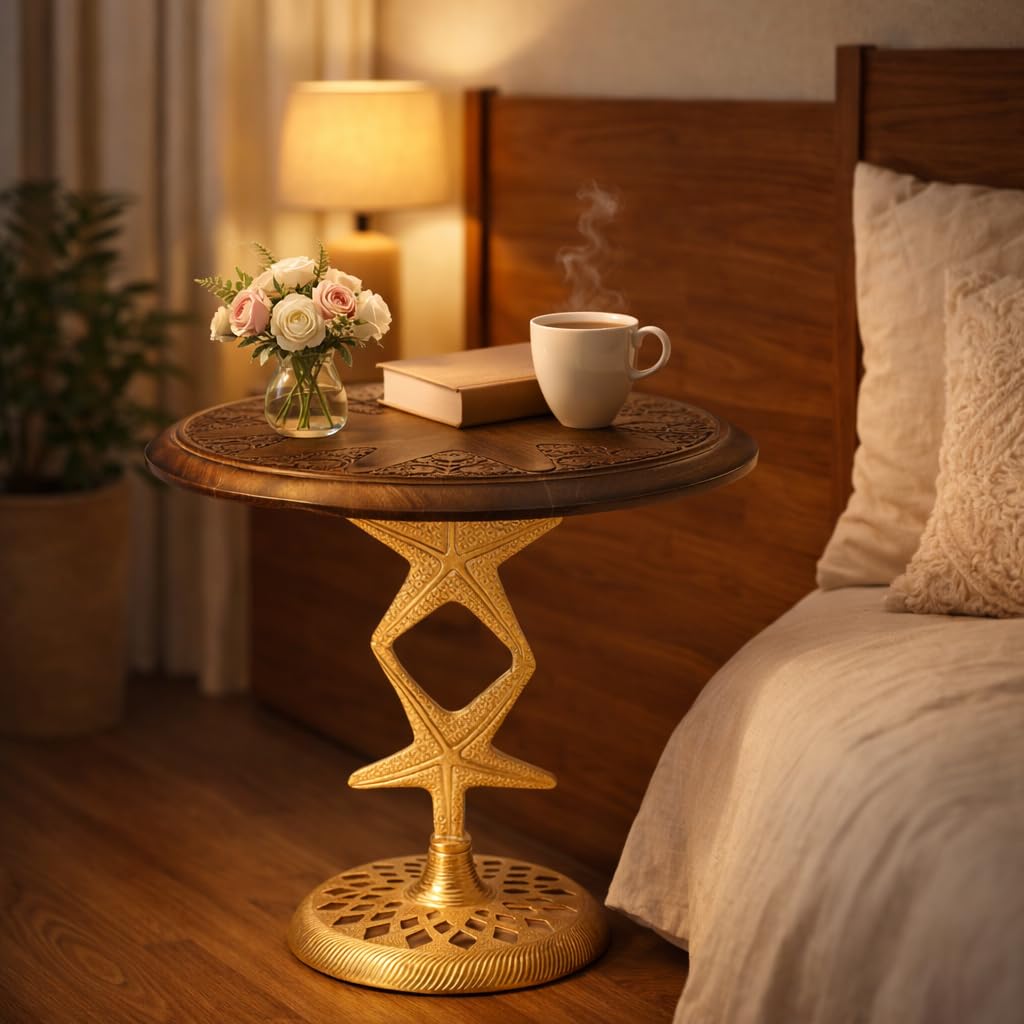 The Wooden Town Side Tables-Hand Carved Vintage Boho Folding End Tables for Living Room, Entryway,Living Room, Bedroom -No Tools Assembly, 18"x22" Burnt Brown with Gold Aluminium Alloy_ Star