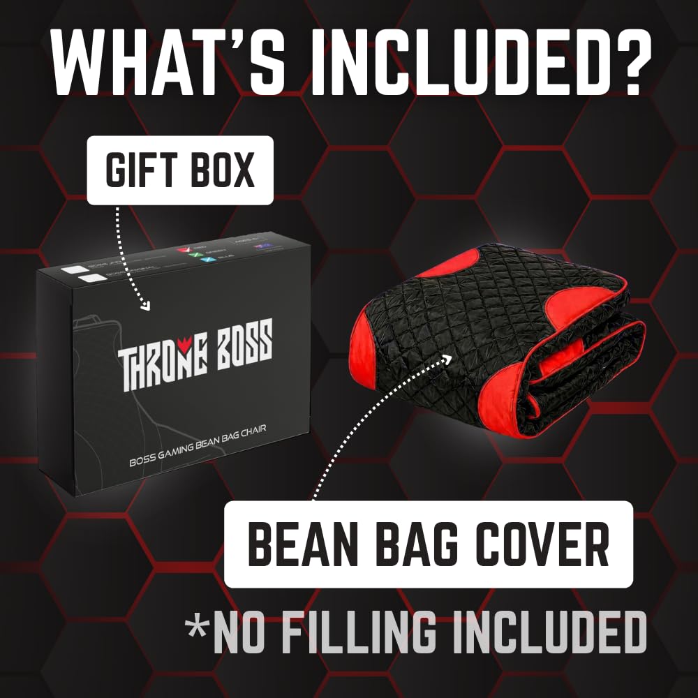 Throne Boss Gaming Bean Bag Chair Cover for Kids with High Back, Red – Gamer Chair for Kids with 2 x Large Side Pockets, Headphone Hanger, Easy to Clean Fabric, Requires 200 Liters Polystyrene Beans