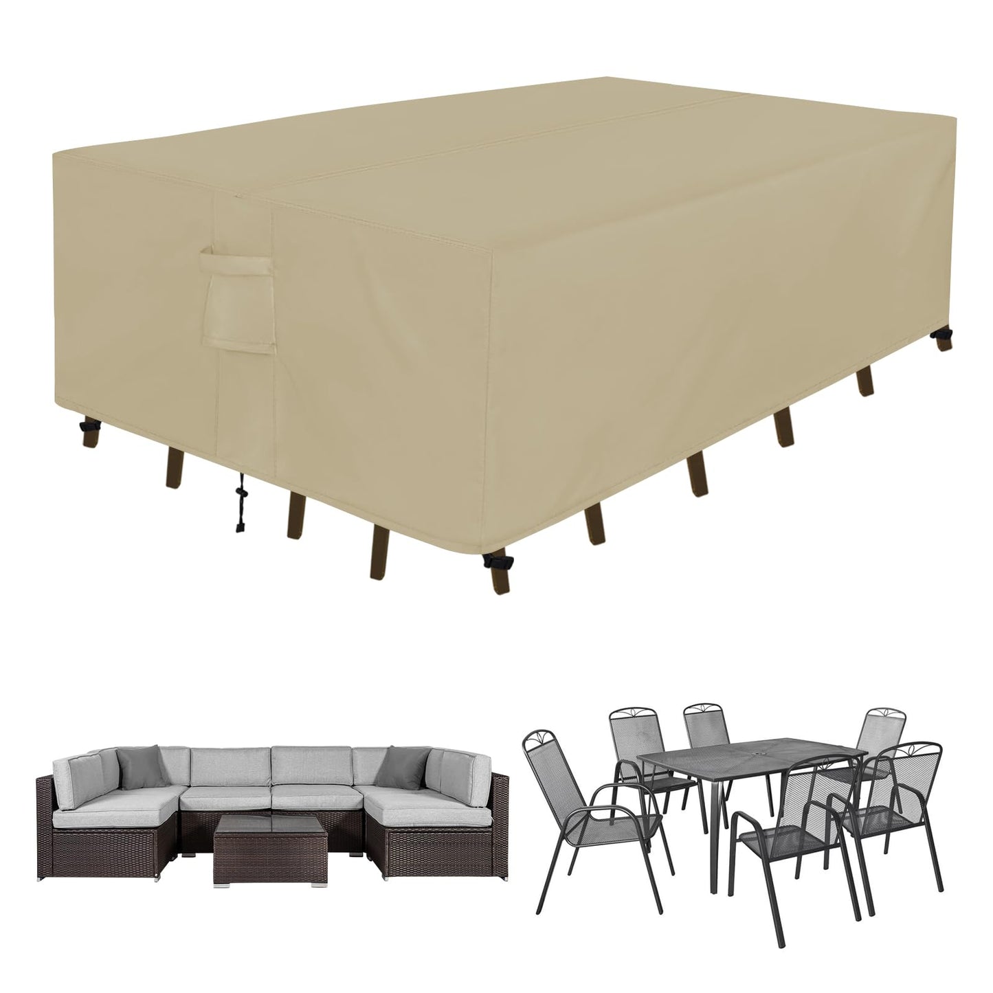 Easy-Going Rectangle Patio Furniture Cover Waterproof Outdoor Dining Table and Chair Cover Anti-UV Outside Sectional Sofa Set Covers (110"L x 84"W x 28"H, Camel)