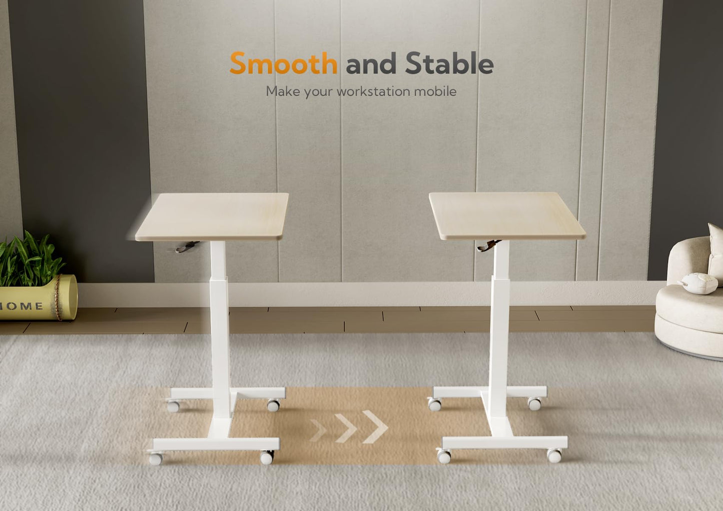 Claiks Mobile Standing Desk, Small Rolling Standing Desk with Wheels, Pneumatic Mobile Desks Workstation with Hook, Natural