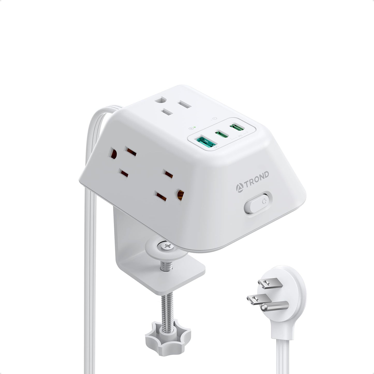 TROND Desk Clamp Power Strip with USB C PD 20W, Desktop Charging Station with 5 AC Outlets, 1440J Surge Protector, Fit 1.97in Tabletop Edge Thick, Extension Cord 6ft for Home Office Essentials, White