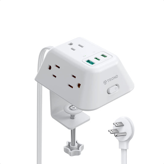 TROND Desk Clamp Power Strip with USB C PD 20W, Desktop Charging Station with 5 AC Outlets, 1440J Surge Protector, Fit 1.97in Tabletop Edge Thick, Extension Cord 6ft for Home Office Essentials, White