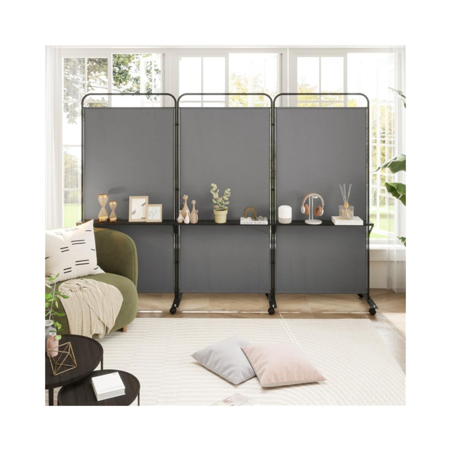 YWGYWG 3 Panel Room Divider with Storage Shelves ， 103" W x 74" H Folding Privacy Screen, Home Office Studio, Fabric Wall Divider for Room Separation (Grey)