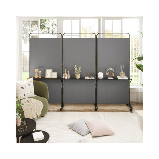 YWGYWG 3 Panel Room Divider with Storage Shelves ， 103" W x 74" H Folding Privacy Screen, Home Office Studio, Fabric Wall Divider for Room Separation (Grey)