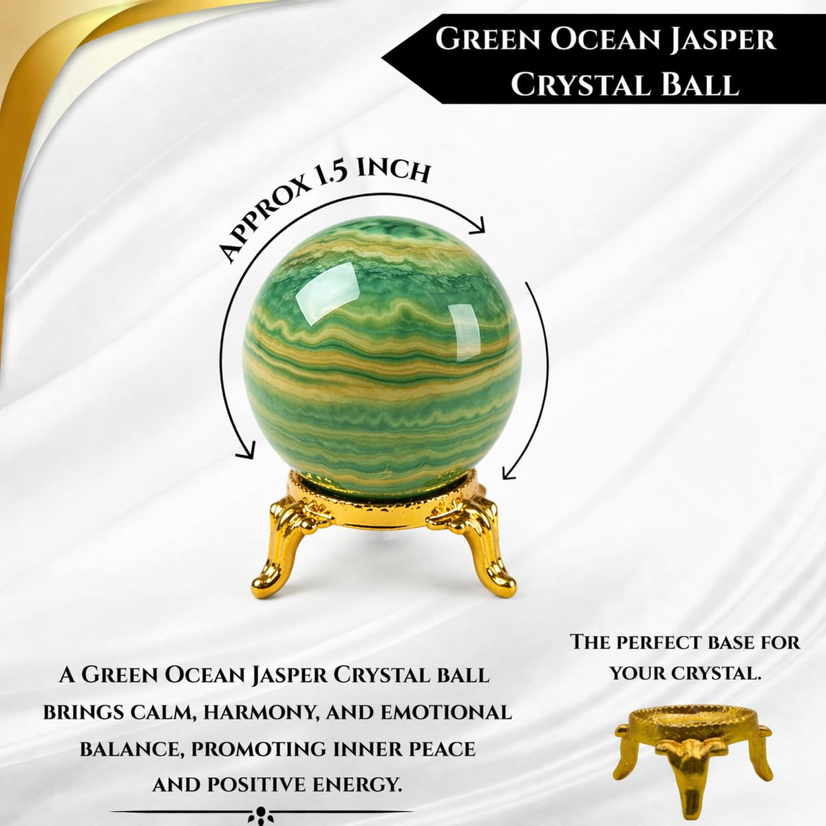WholesaleGemShop Natural Green Ocean Jasper Quartz 40-45 mm Ball Sphere with Stand Gemstone A+ Hand Carved Crystal Altar Healing Devotional Spiritual Chakra Cleansing Metaphysical Gift for Men Women