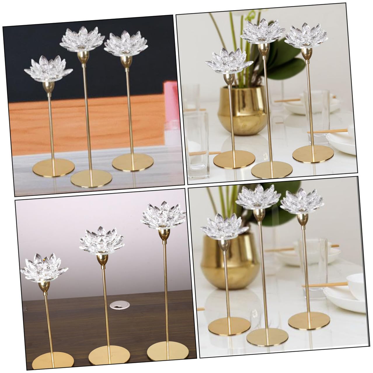SOLUSTRE Crystal Lotus Candleholder Decorative Metal Candlestick Stand Small Gold Wedding Pillar Candle Holder Home Décor