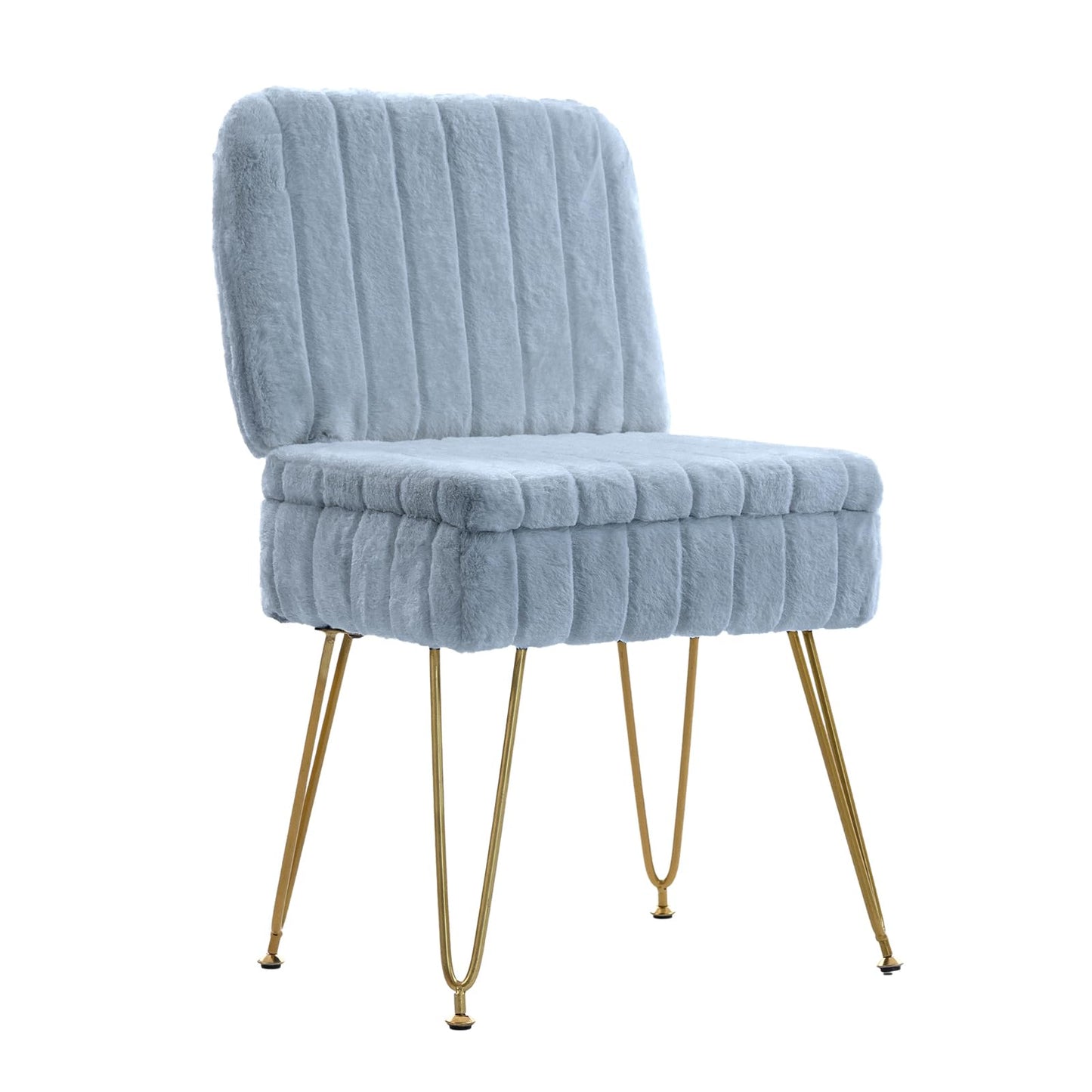 Manyday Vanity Chair with Storage, Comfy Ottoman with Folding Back, Faux Fur Vanity Stool with 4 Metal Legs for Make Up, Furry Padded Seat with Anti-Slip Feet for Bedroom Dressing Room, MistyBlue