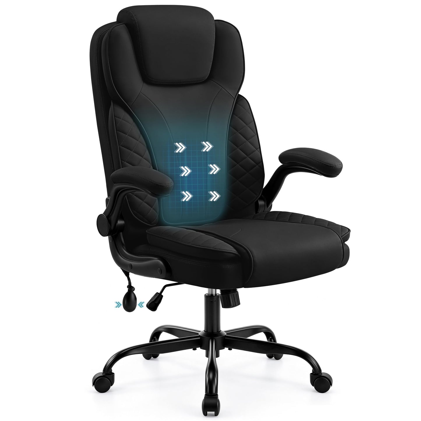 Hayelf Ergonomic Office Chair, PU Leather High Back Executive Chair with Adjustable Inflatable Lumbar Support and Padded Flip-Up Arms, Recline Swivel Task Computer Chair for Home Office, Black