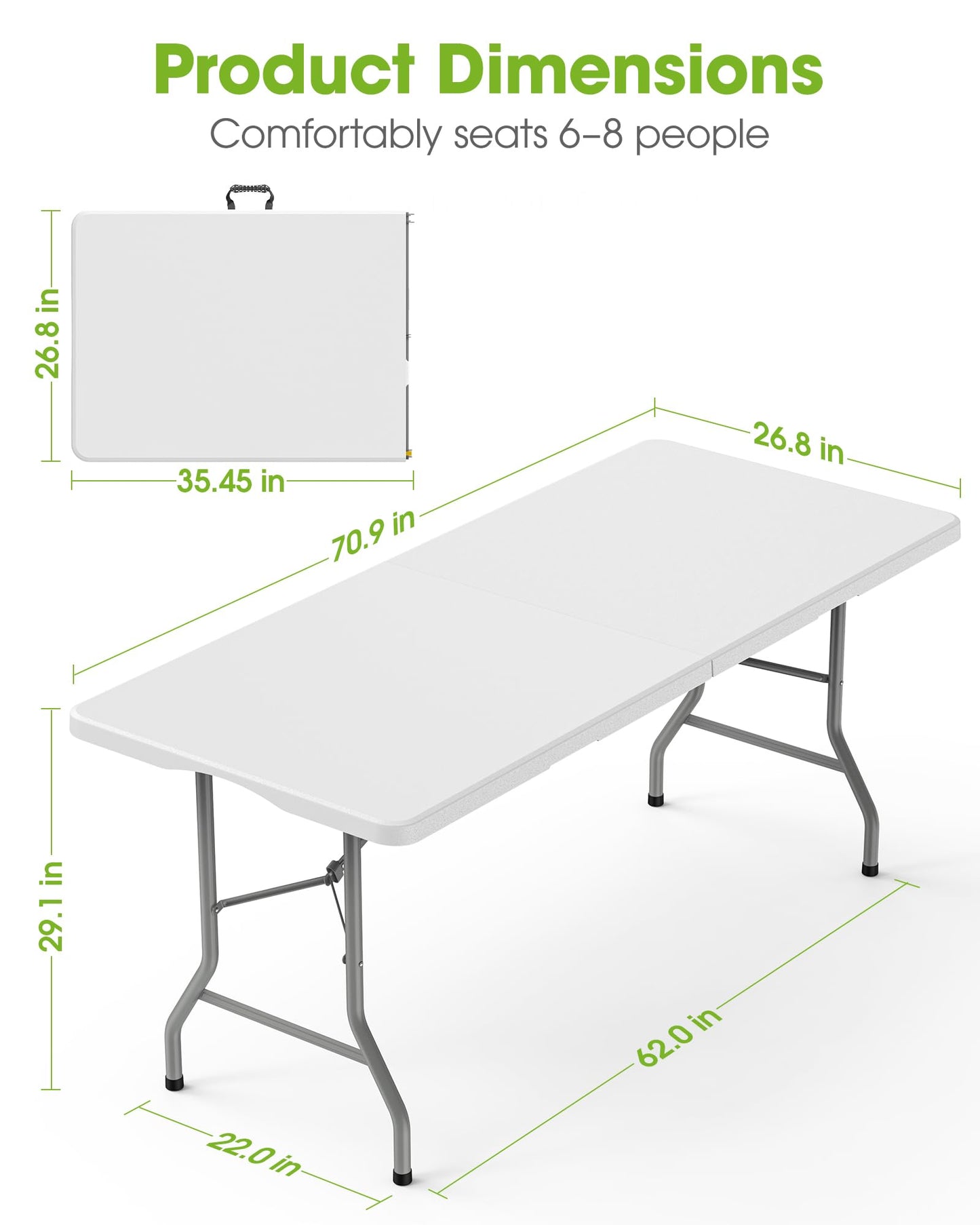 Pureegg 6FT Folding Table - No Assembly Required, Versatile Dining Table with Carrying Handle & Tabletop Safety Lock, Portable Foldable Table for Party, Craft, Camping, Picnic, White