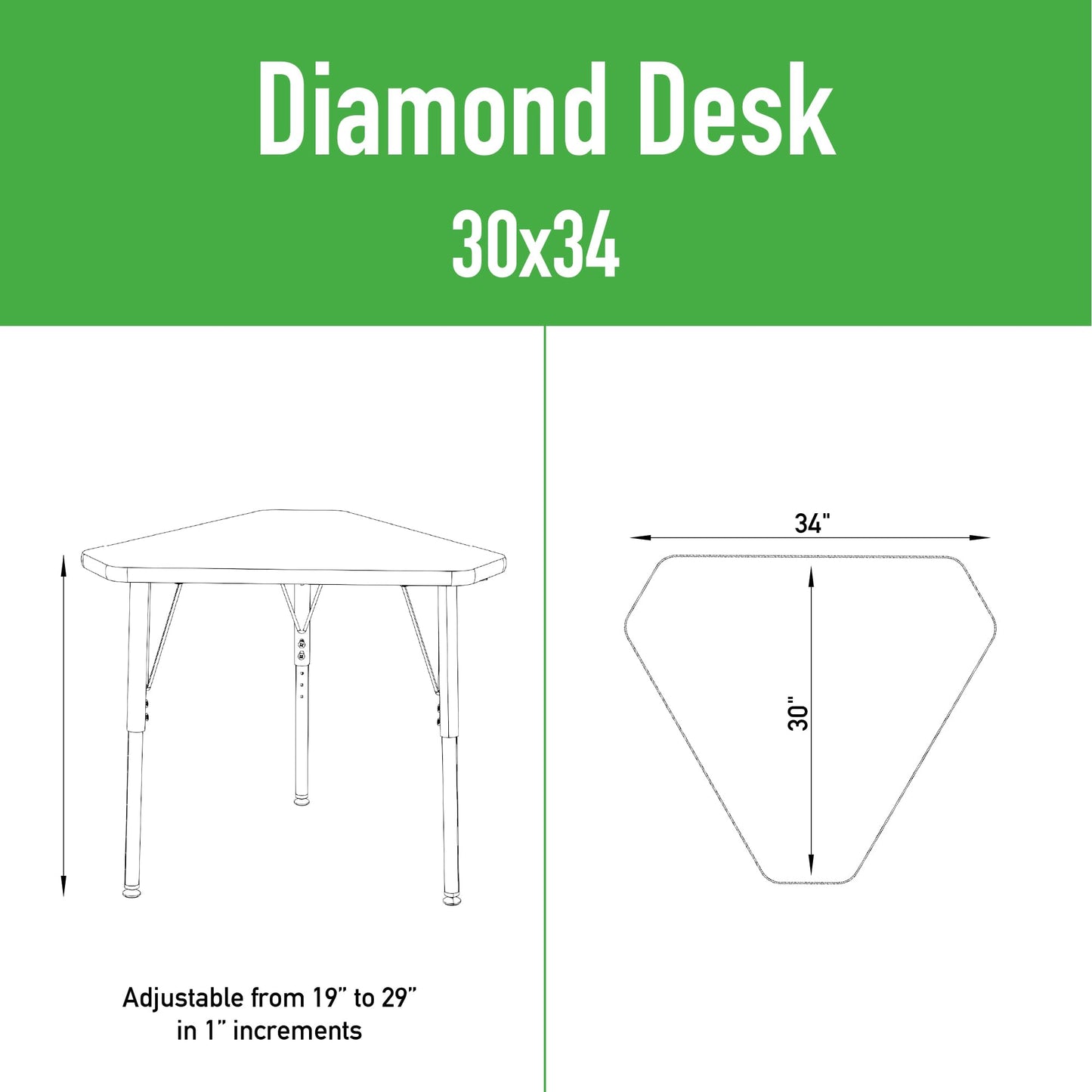 Correll Corrella Student Desk, 30X34, Height Adjustable (19-29) Diamond Shaped, Gray Granite Commercial Laminate Top, Blue Edge Band, Black/Chrome Legs, Classroom Table, Made in the USA