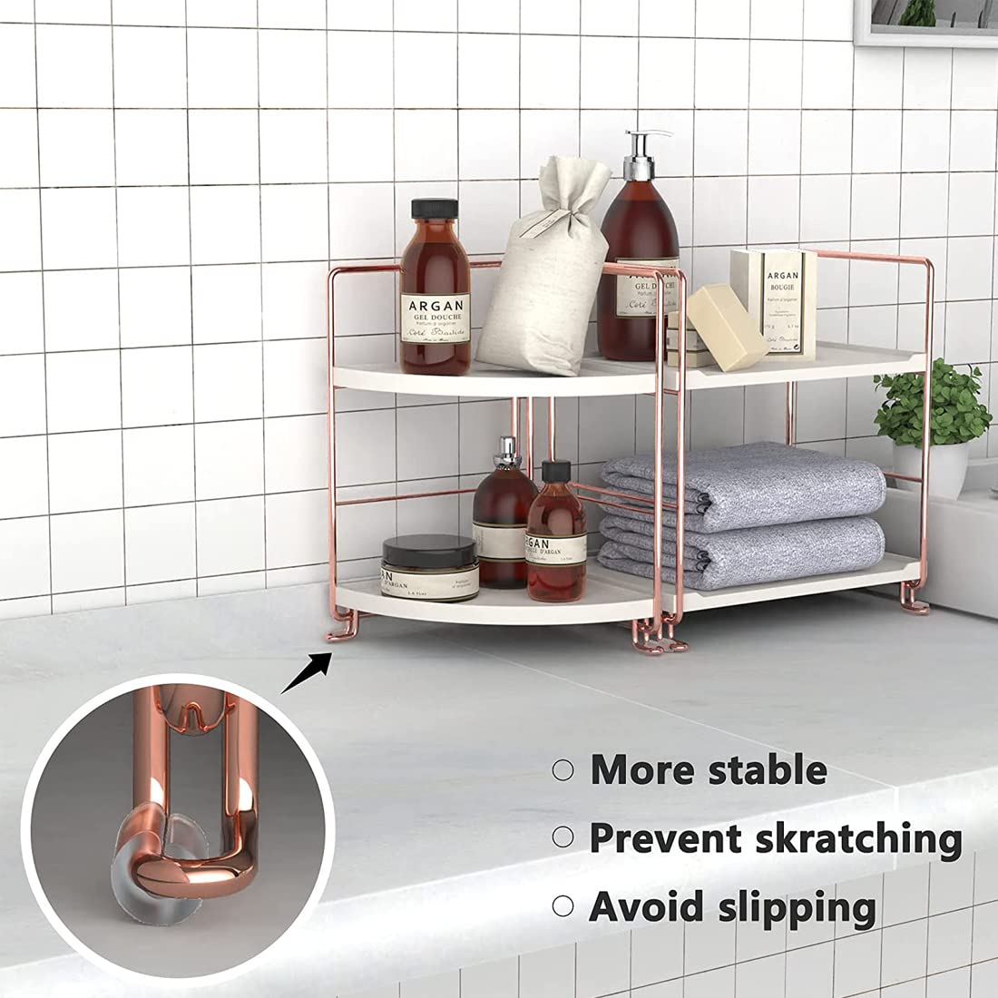 kaileyouxiangongsi 2-Tier Bathroom Countertop Organizer - Vanity Tray Cosmetic & Makeup Storage- Kitchen Spice Rack Standing Shelf - Corner Storage Shelf, Rose Gold