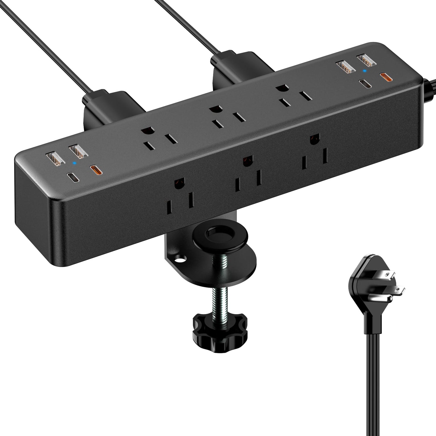 Flat Plug Desk Clamp Power Strip 10FT, 40W Total Fast Charging Station, Dual PD 20W USB C Ports, Desk Edge Mount Power Strip 9 AC Outlets 8 USB Ports(4 USB C), Fit 1.7" Tabletop Edge