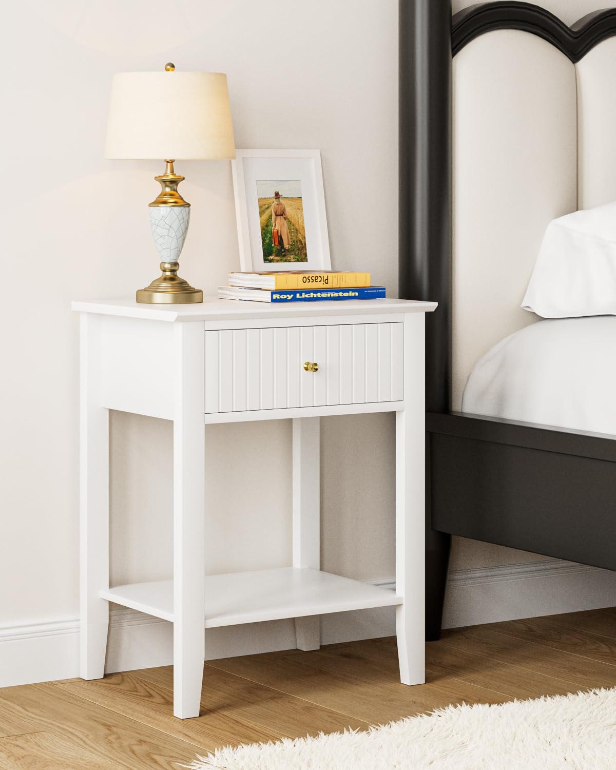 Apetaccat Fluted Nightstand, Farmhouse Night Stand with 1 Drawers, Mid Century Modern Side Accent Table,Bedside End Table for Bedroom, Living Room, White